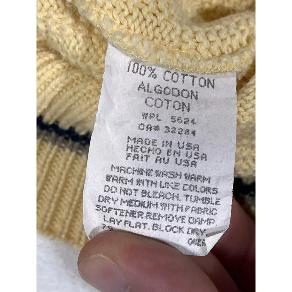 Vtg Carmel Cotton Knit Sweater Cream Yellow Blue Trim Golfer Made in USA L Golf - Picture 7 of 11